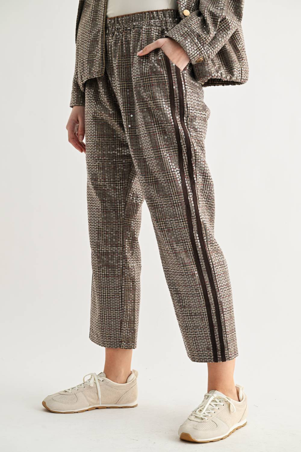 Catelyn Sequin Plaid Pull-On Ankle Pants | Joh Apparel