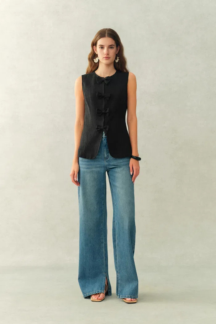 Becky Bow Tie Sleeveless Vest Top in Linen-Blend Suiting | Fabrique