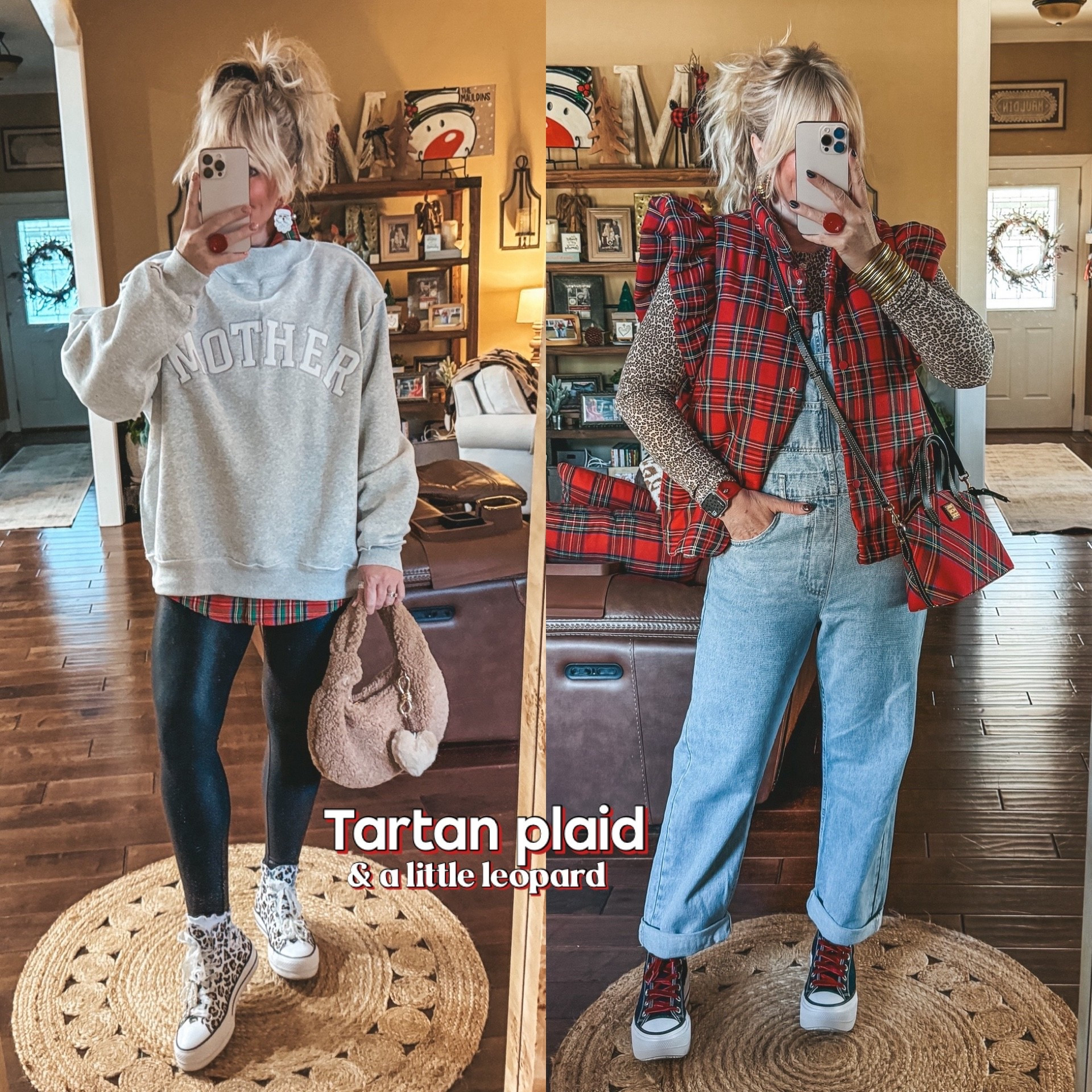 ♥️ TARTAN plaid & LEOPARD print 🐆
•Mother mock neck sweatshirt M (SAVE WITH CODE MANDIE15 
•Plaid button up underneath L 
•Leggings size M

•Plaid vest M
•Leopard long sleeve tee 
•Overalls M

•Watchbands are @sparklbands save with code MANDIE

#LTKootd #LTKOver40 #LTKHoliday