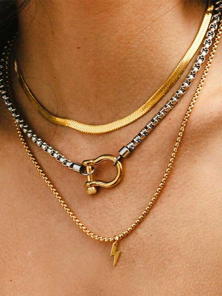 Waterproof Jewelry 18K Gold Plate Stainless Steel Box Chain Choker Double Color Chunky Buckle Pen... | SHEIN