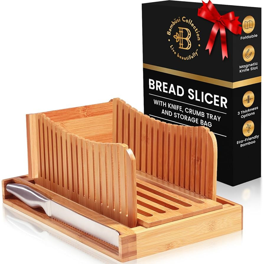 Bread Slicer for Homemade Bread - Adjustable Bamboo Bread Cutter with Knife, Foldable Slicing Gui... | Amazon (US)