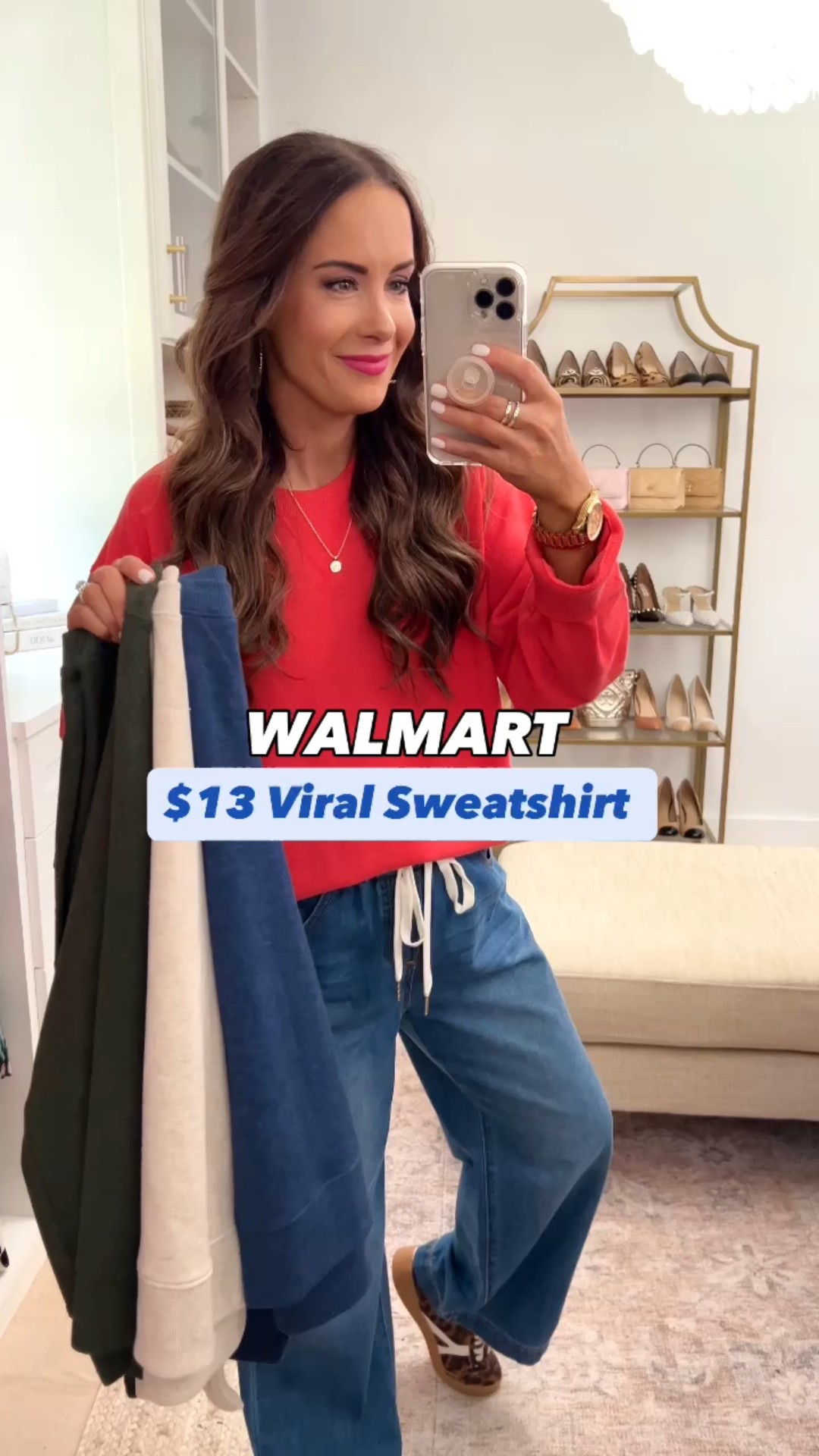 New Walmart sweatshirts!! They are so soft and cozy! Sized up to a M for a relaxed fit. NOTE: colors are prettier in person that in stock images :)  wearing size Small in the jeans 
