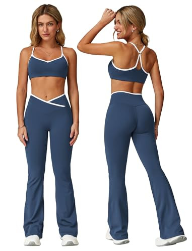 ABOCIW Workout Sets for Women 2 Piece Color Block Strappy Sports Bra Crossover High Waist Flared Leggings Gym Sets Woman Yoga Pilates Outfits Athletic Work Out Clothes Colorblock Navy Medium | Amazon (US)