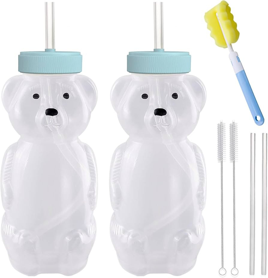 Honey Bear Straw Cups, Juice Bear Bottle Drinking Cup Long Straws with 4 Flexible Straws & Cleani... | Amazon (US)