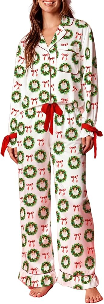 Seyurigaoka Cute Bow Christmas Pajama Sets for Women Nutcracker Santa Pj Set Silk Satin Long Slee... | Amazon (US)