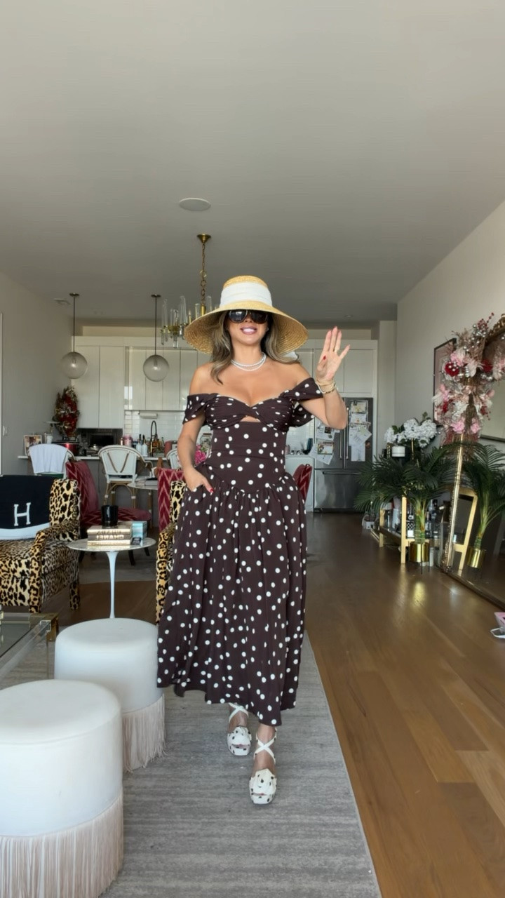 Brown polka dot dress and polka hot wedges, perfect for summer events

#LTKWedding #LTKSeasonal #LTKOver40