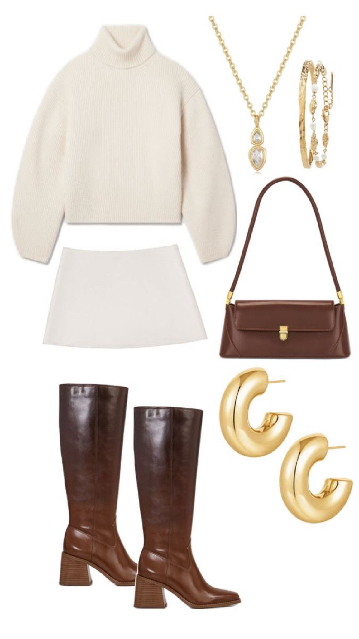Winter going out outfitt, winter outfit, brown accents, mini skirt, turtleneck, shoulder bag, gold jewelry knee high bootss