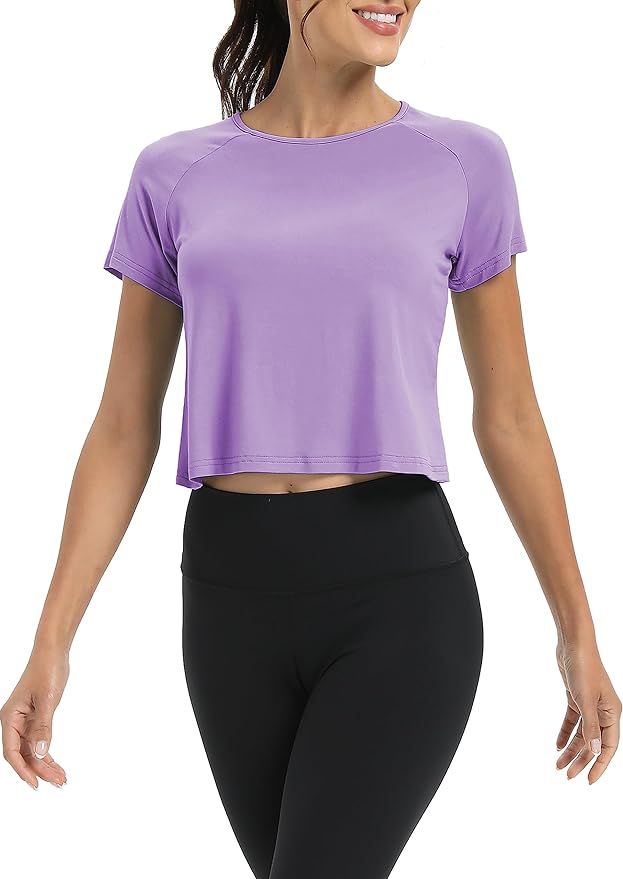 Bestisun Women Short Sleeve Cross Back Workout Crop Tops Backless Yoga Athletic Gym Shirts | Amazon (US)