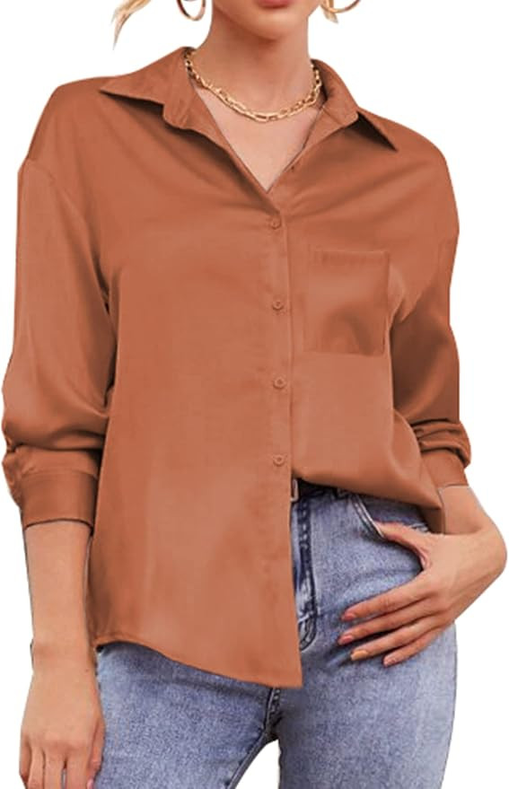 Chigant Women Button Down Shirts with Pocket Blouses Long Sleeve Dress Shirt Chiffon Blouse Business | Amazon (US)