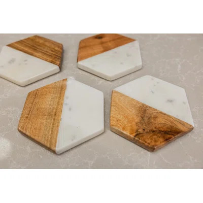 LuxeDesigns Marble and Wood Hexagon Coaster Set - 4-Piece Non-Slip Drink Coasters, Premium Marble and Wood for Modern & Rustic Decor - Elegant, Durabl | Wayfair North America