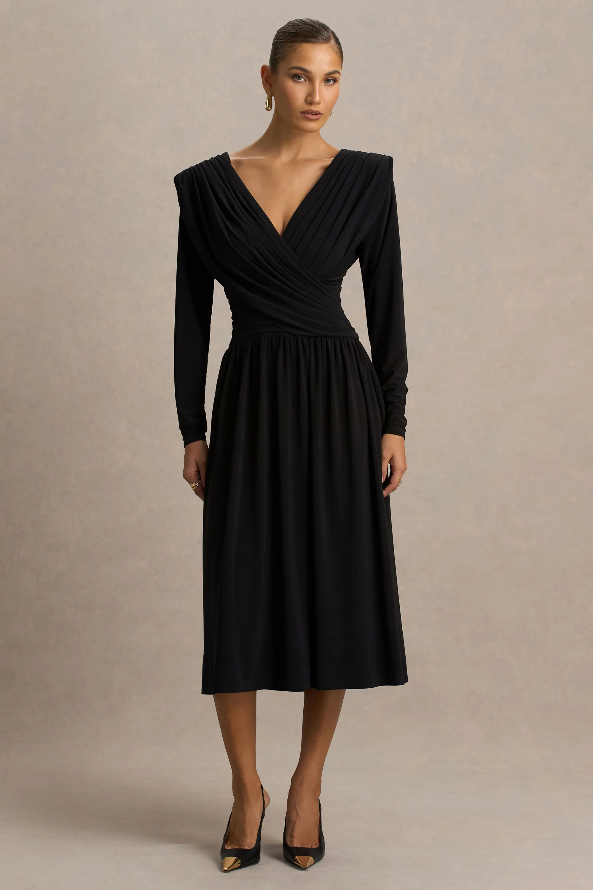 Alexis  Black Plunge-Neck Midi Dress With Draped And Ruched Detailing | Club L London
