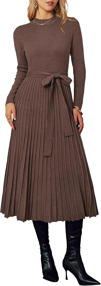 Arach&Cloz Women's Wool Blend Mock Neck Tie Waist Fall Winter Pleated Sweater Dress 2026 | Amazon (US)