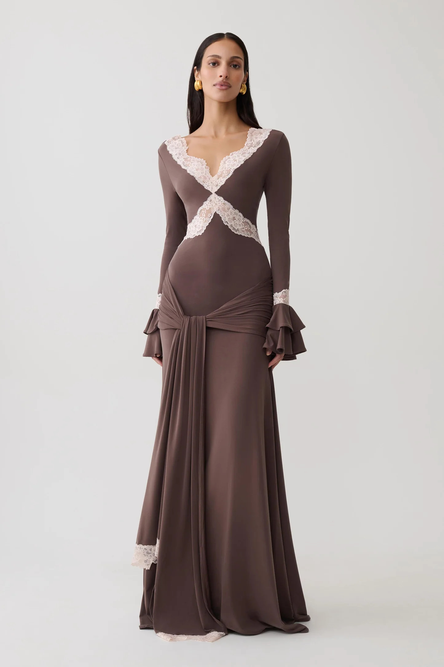Electra Slinky Lace Maxi Dress - Chocolate/Ballet Pink | MESHKI US