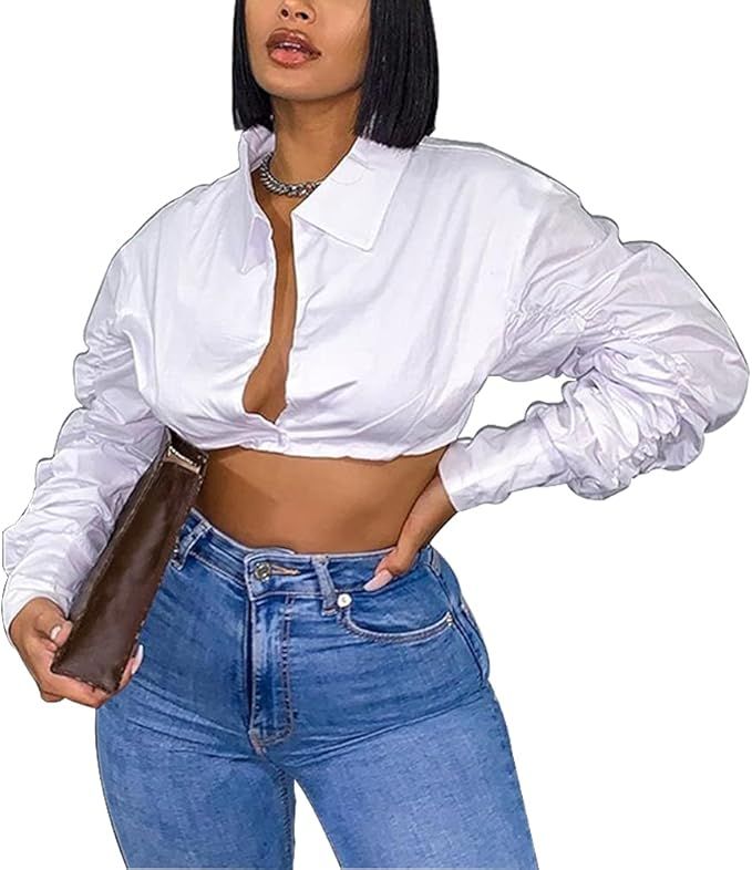Azhong Women's Collared Puff Long Sleeve Deep V Neck Button Crop Top Blouse Shirt | Amazon (US)