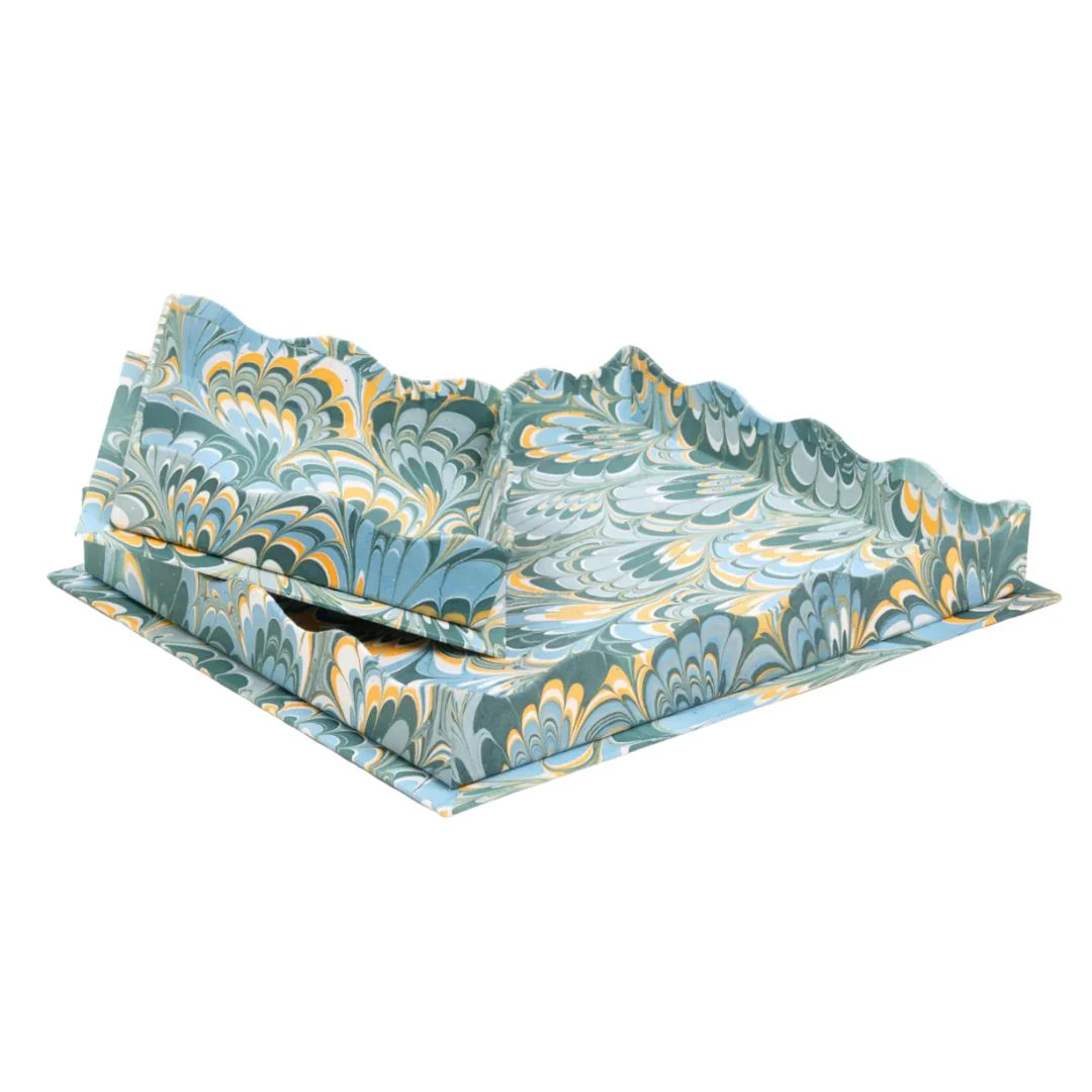 Nesting Scalloped Hand-Marbled Trays in Blue, Set of 2 | Paloma & Co.