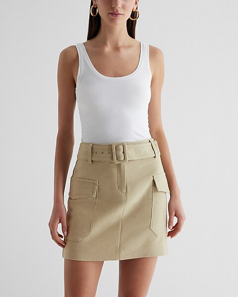 Super High Waisted Linen-Blend Belted Cargo Mini Skirt | Express