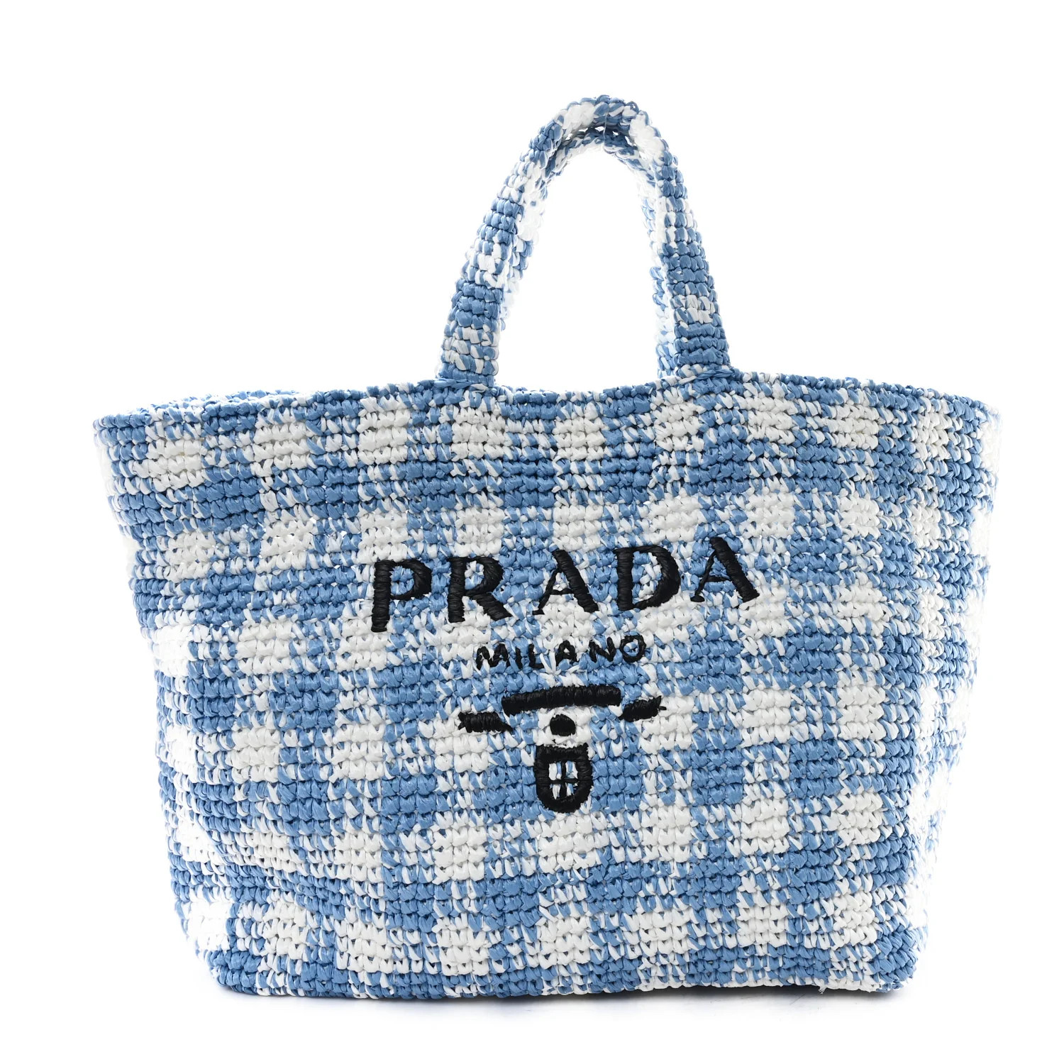 Yarn Raffia Effect Crochet Embroidered Large Logo Tote Celeste | FASHIONPHILE (US)