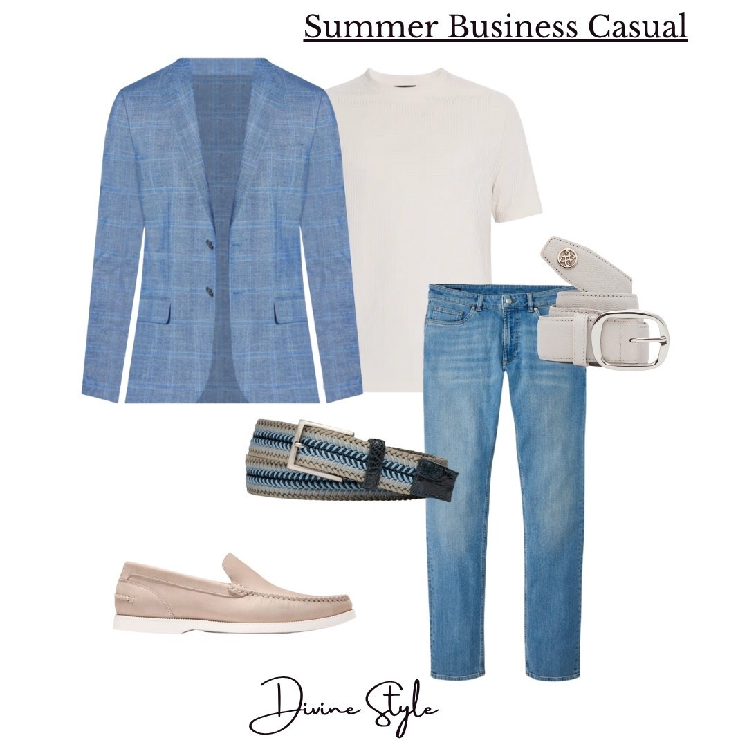 Summer business casual gets a style upgraded. Pair a relaxed blazer with a tailored t-shirt and blue jeans with a statement belt. Style with slip on loafers or sneakers for a polished, smart casual outfit.

#LTKWorkwear #LTKShoeCrush #LTKMens
