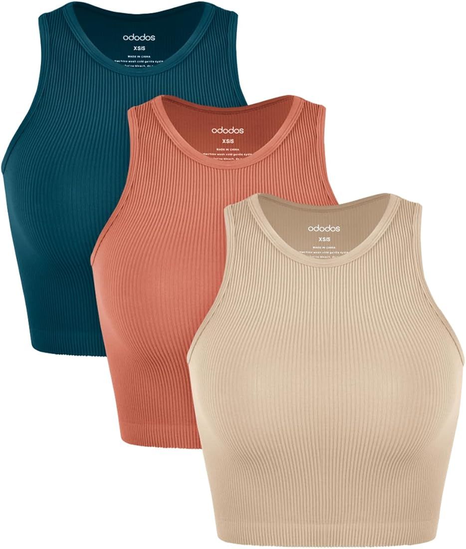 ODODOS 3-Pack Seamless Crop Tank for Women Ribbed Soft High Neck Cropped Tops | Amazon (US)
