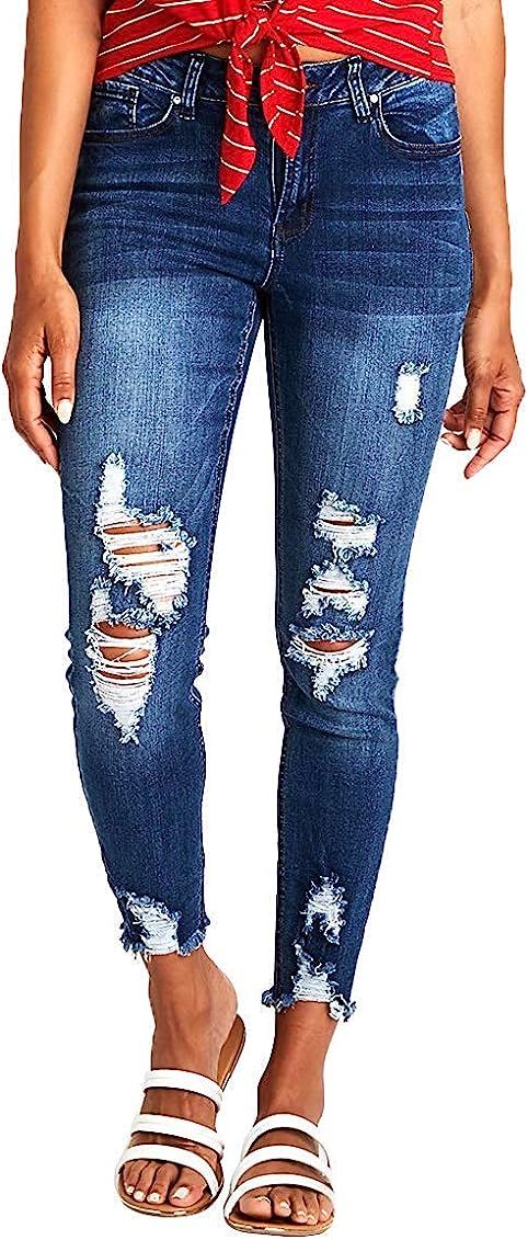 Resfeber Women's Ripped Boyfriend Jeans Cute Distressed Jeans Stretch Skinny Jeans with Hole | Amazon (US)