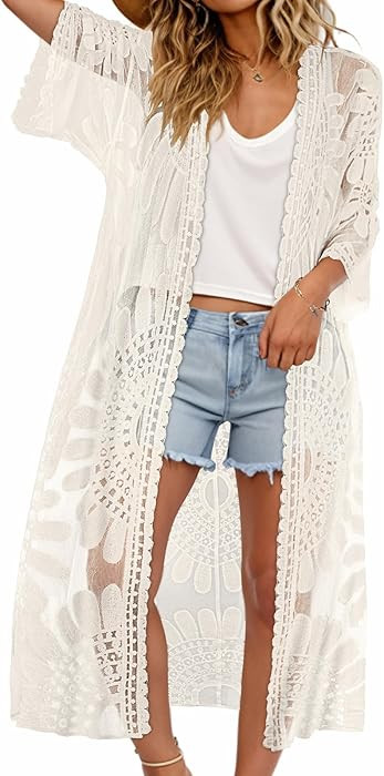 Lace Kimono for Women Sheer Beach Coverups Long Bathing Suit Cover up Summer Cardigans(Apricot) :... | Amazon (CA)