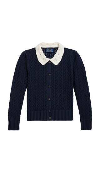 Long Sleeve Pointelle Collared Cardigan in Cruise Navy | Revolve Clothing (Global)