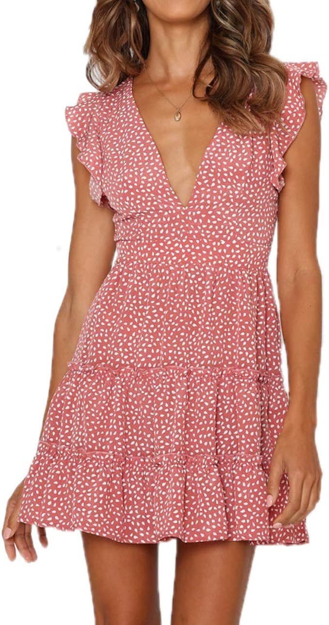 pasidvy Women Summer Deep V Neck Floral Ruffle Hem Mini Dress Cocktail Party Short Dress | Amazon (US)