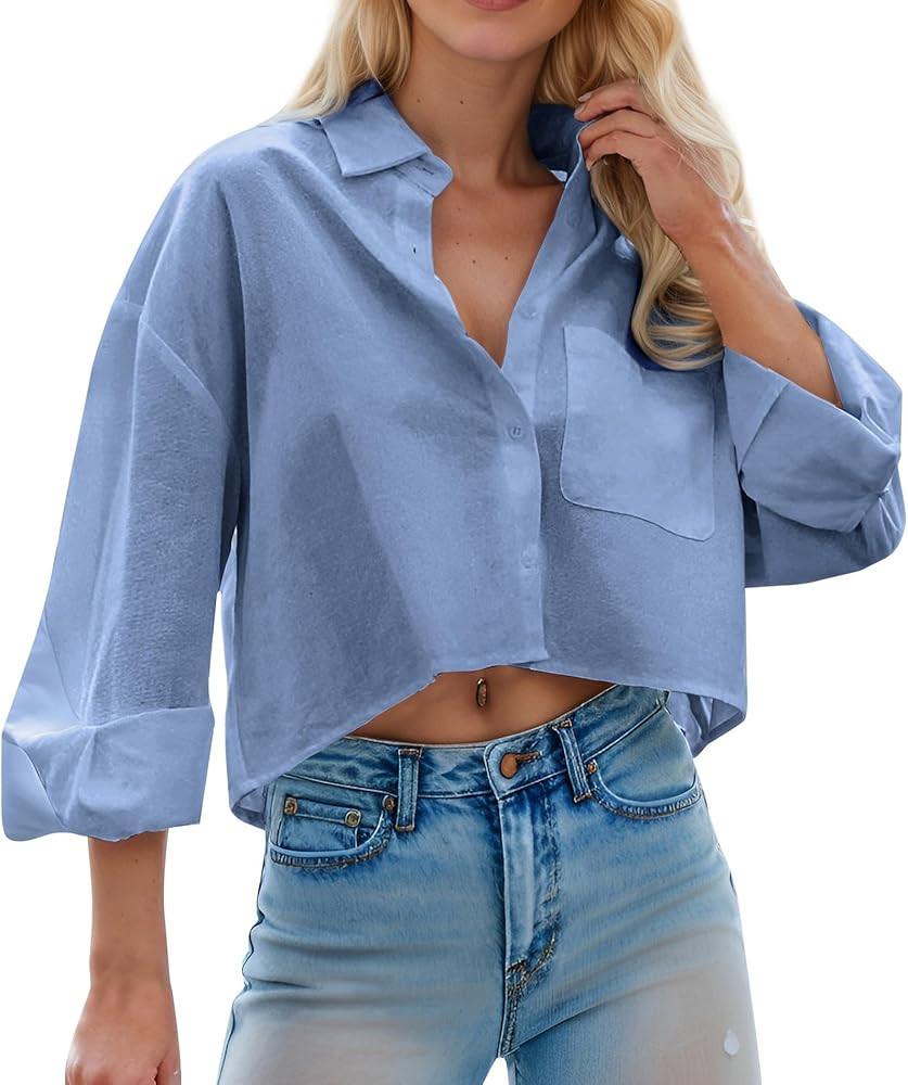 Women Cropped Button Down Shirts Long Sleeve Blouses Casual Work Crop Tops with Chest Pocket | Amazon (CA)