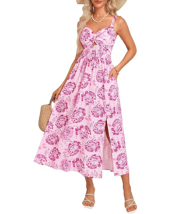 GRACE KARIN Women's Summer Spaghetti Strap Maxi Dress Smocked Floral A line Dress Sleeveless Boho... | Amazon (US)