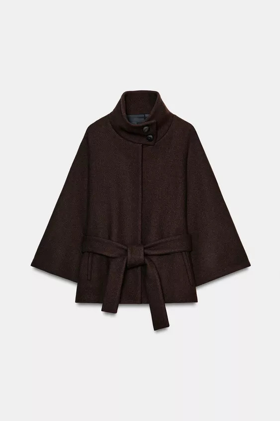 CROPPED WOOL CAPE COAT WITH BELT | Zara UK