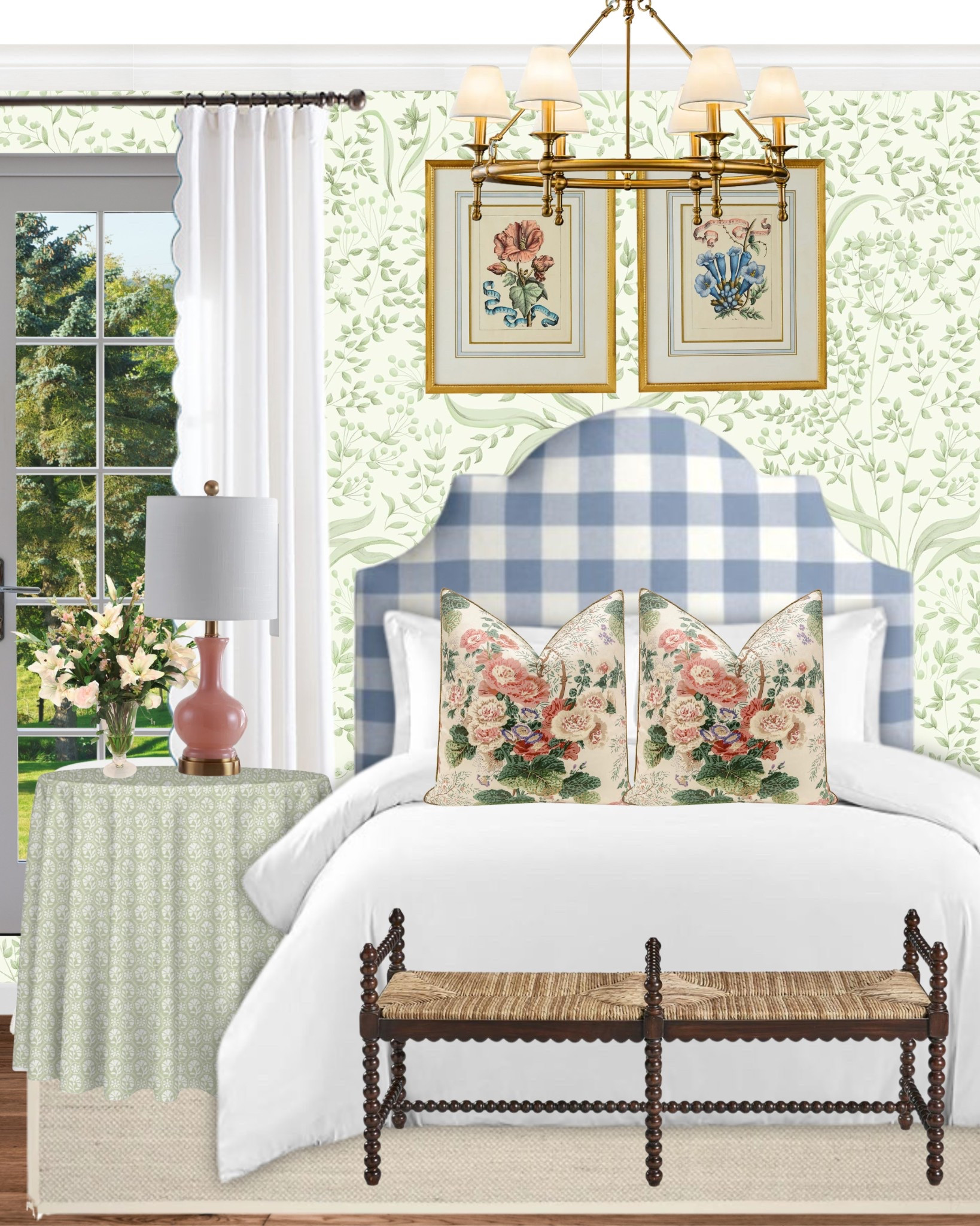 A charming blend of classic cottage and modern Southern style — this bedroom is full of cozy elegance. The blue gingham headboard adds a playful yet timeless touch, while the botanical wallpaper sets a serene backdrop. Layered floral pillows bring in rich, vintage tones, beautifully complemented by a soft green skirted nightstand and warm blush lamp. The woven bench and gold chandelier complete the look with warmth and texture. Perfect for lovers of traditional design with a fresh twist!

#SouthernStyle #Cottagecore #TraditionalHome #GinghamHeadboard #BotanicalWallpaper #FloralDecor #SkirtedTable #VintageInspired #LTKhome #BedroomInspo #ClassicStyle #ChinoiserieVibes #CozyCottageStyle #LTKspring #PreppyHome #EnglishCountryStyle



#LTKHome #LTKSaleAlert