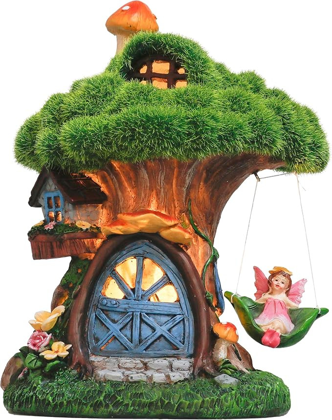 TERESA'S COLLECTIONS Fairy House Outdoor Statues with Solar Light for Garden Decor, Green Moss Re... | Amazon (US)