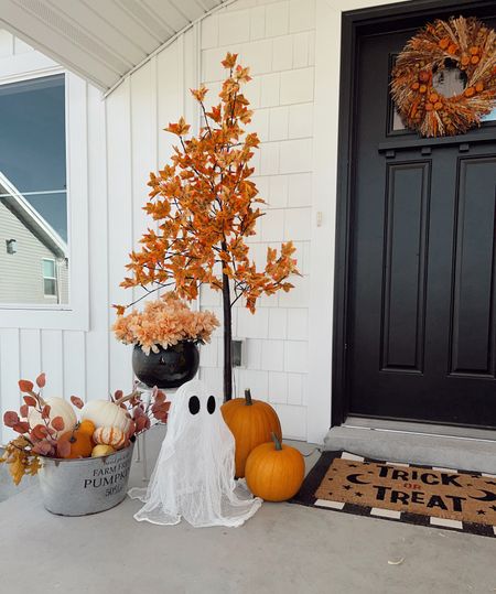 Halloween front porch! Linked materials/supplies to make cheesecloth ghost (see IG post). Also linked other decor like my pre lit fall trees from Amazon, and some similar doormats and wreaths! 

#LTKhome #LTKHalloween #LTKunder50