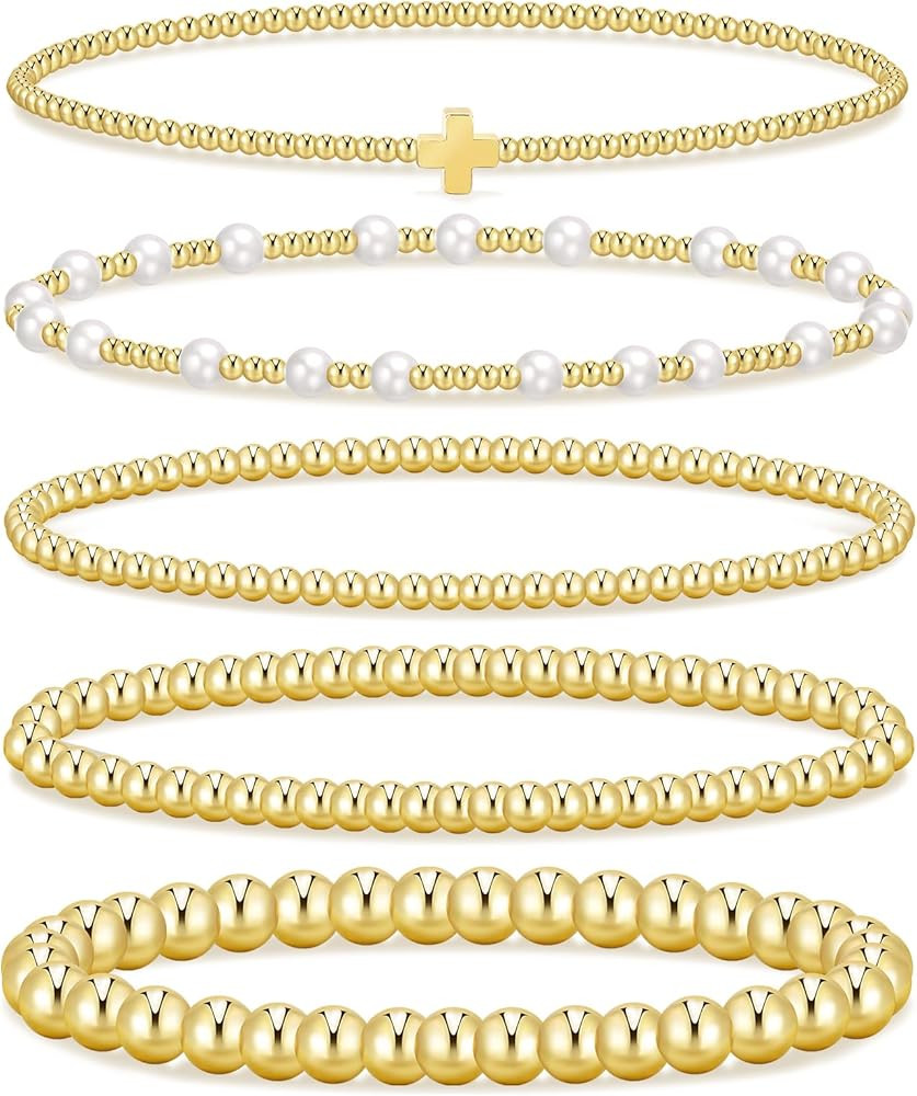 Gold Beaded Bracelets for Women, 14K Real Gold Plated Jewelry for Women Dainty Pearl Bead Bracele... | Amazon (US)