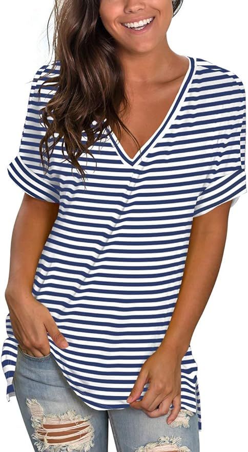 SAMPEEL Women's Shirts V-Neck Summer Tops T Shirt Short Sleeve Side Split Loose Fit Tunic | Amazon (US)