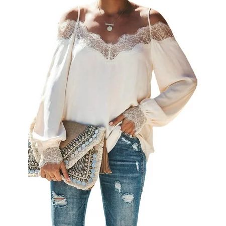 BenBoy Women s Lace Cold Shoulder Blouse Tops Spaghetti Strap Casual Loose T Shirt | Walmart (US)