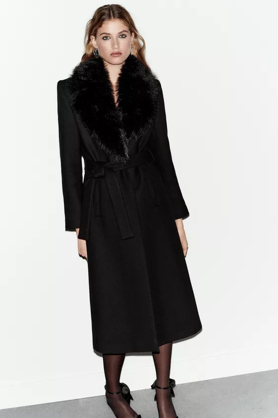 WOOL COAT WITH FAUX FUR LAPEL AND BELT | Zara US