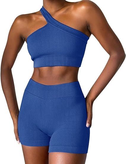 OLCHEE Womens Workout Sets 2 Piece - Seamless Ribbed Gym Outfits Short Sleeve Crop Top and Biker ... | Amazon (US)