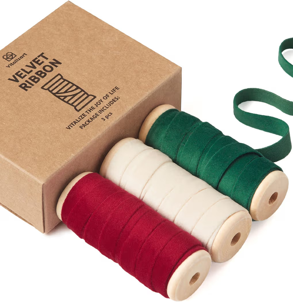 Vitalizart Christmas Velvet Ribbon 3/8" x 15 Yd Wooden Spool Fabric Trim 3 Rolls * 5 Yd for Chris... | Amazon (US)