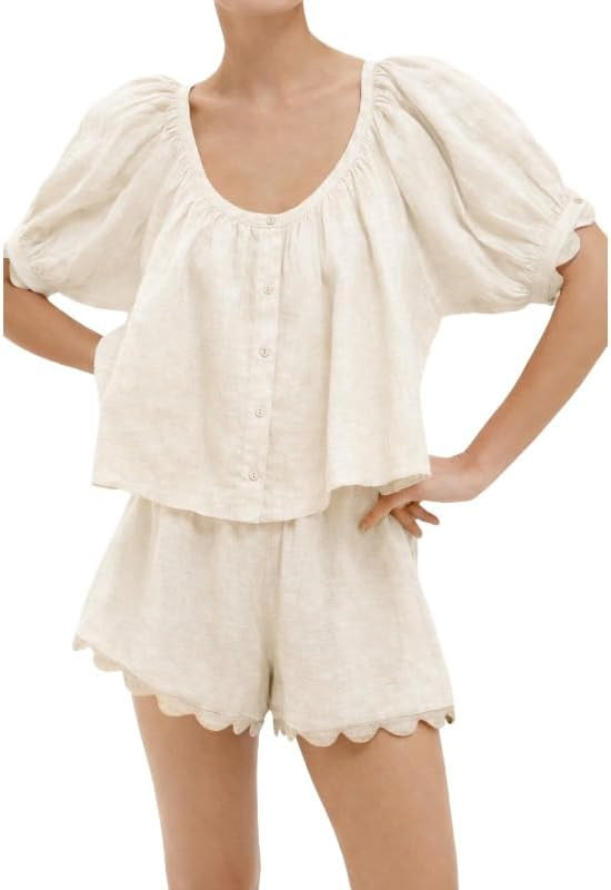 VAOYIU Womens Gingham Two Piece Summer Set Linen Outfit with Scalloped Hem Puff Sleeve Round Neck... | Amazon (US)