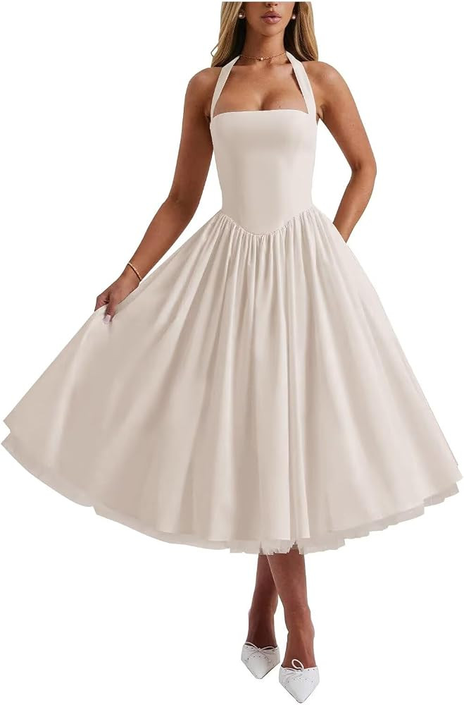 Zepumen Women’s Halter Satin Prom Dresses 2025 Tea Length Ball Gowns A-Line Formal Evening Part... | Amazon (US)