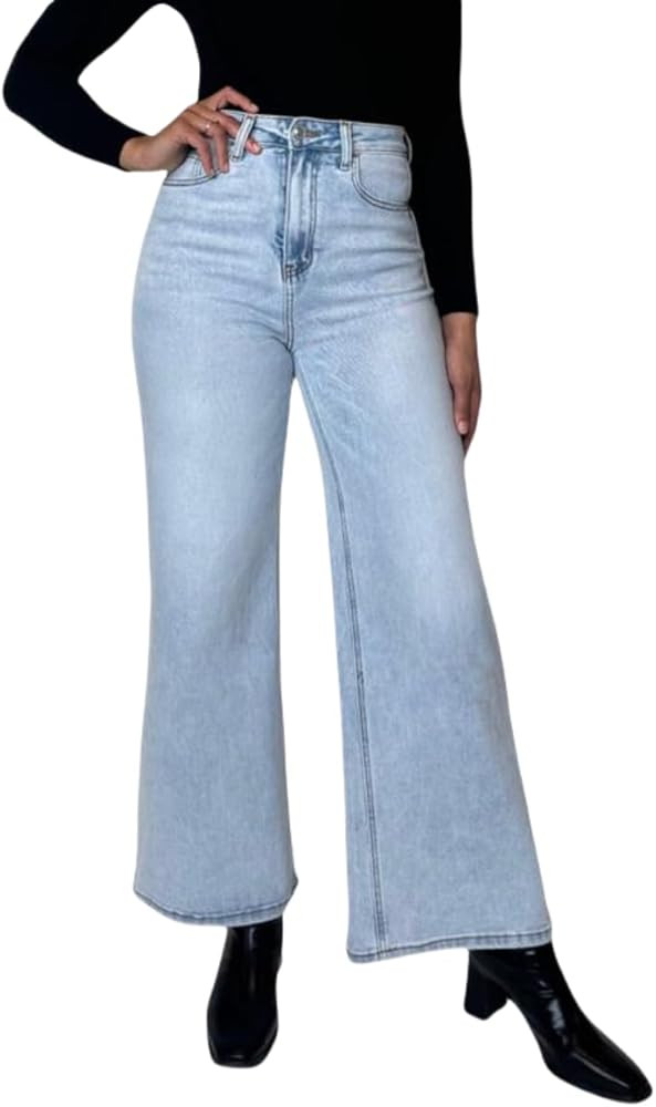 ONESO Mid-Low Rise Baggy Jeans Wide Leg for Women Distressed Pants Stretchy Bottom Lady Basic Com... | Amazon (US)