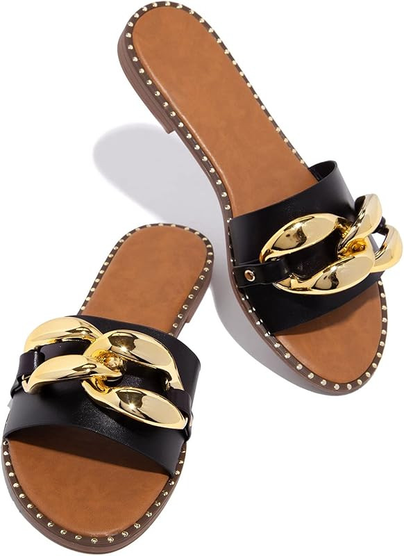pearl&she Women's Leather Flat Slippers Metallic Link Chains Slip On Summer Indoor and Outdoor Sl... | Amazon (US)
