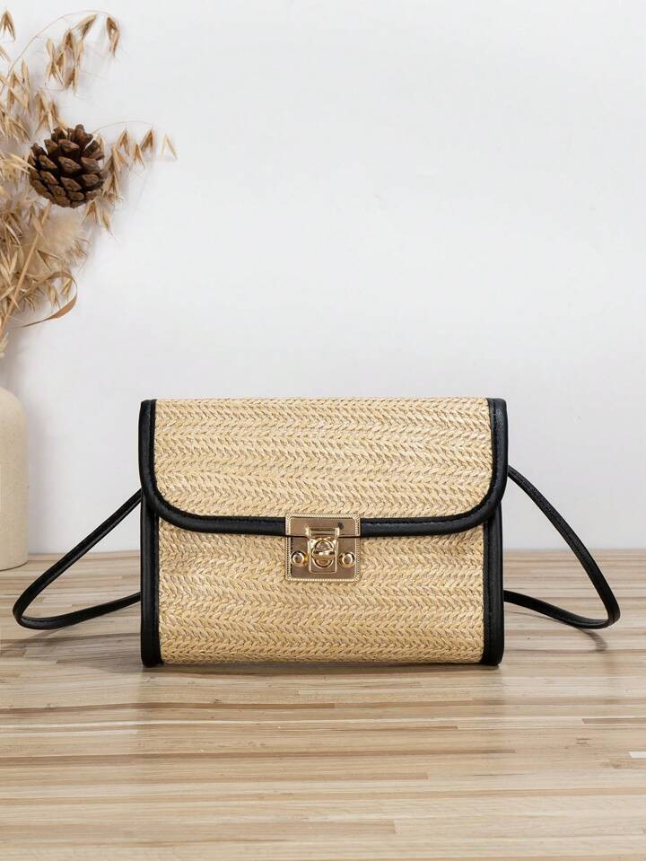 1pc Lock Buckle Woven Crossbody Square Bag With Color Blocking Design,Perfect For Summer, Beach ... | SHEIN