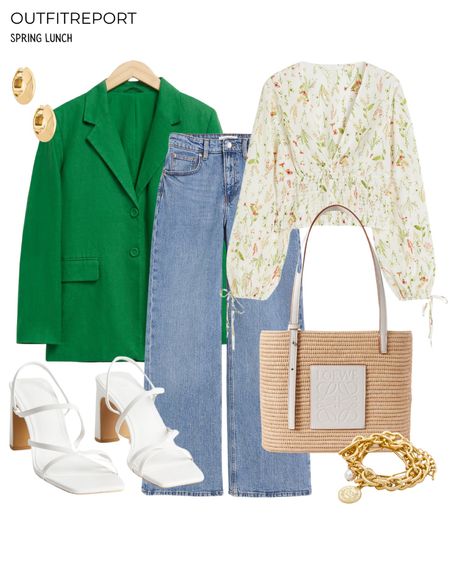 Wide leg trousers denim floral top white strappy sandal heels green blazer 

#LTKitbag #LTKshoecrush #LTKstyletip