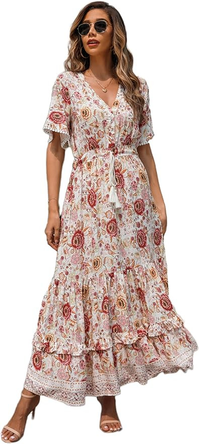 R.Vivimos Womens Summer Cotton Short Sleeve V Neck Floral Print Casual Bohemian Midi Dresses | Amazon (US)