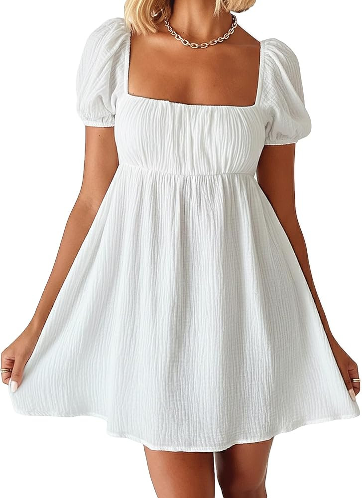 Women Puff Sleeve Bobydoll Dress Sundress Flowy Square Neck Swing Mini Dress Beach Going Out Dres... | Amazon (US)