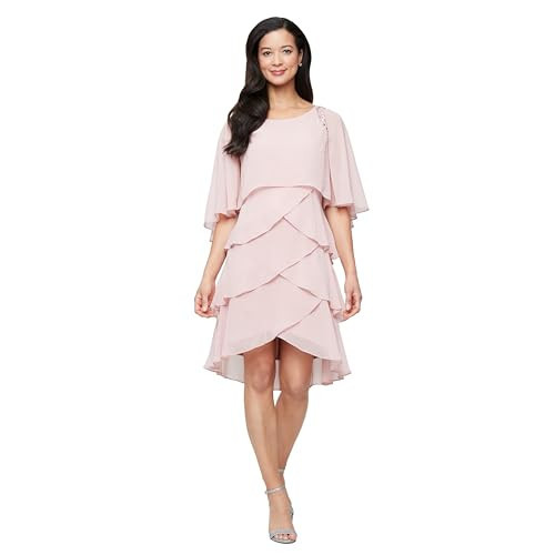 S.L. Fashions Women's Tiered Chiffon Cocktail Party Dress with Attached Cape & Beaded Shoulders (Petite and Regular Sizes), Faded Rose, 10P | Amazon (US)