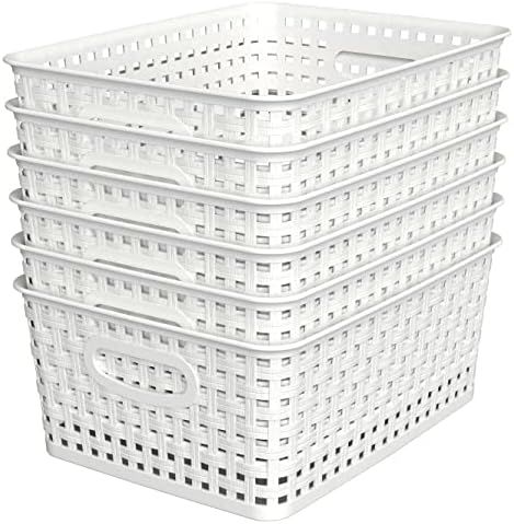 Woven Plastic Storage Basket, 6 Pack White Weave Bins Organizer, 10.1" x 7.55" x 4.1" | Amazon (US)