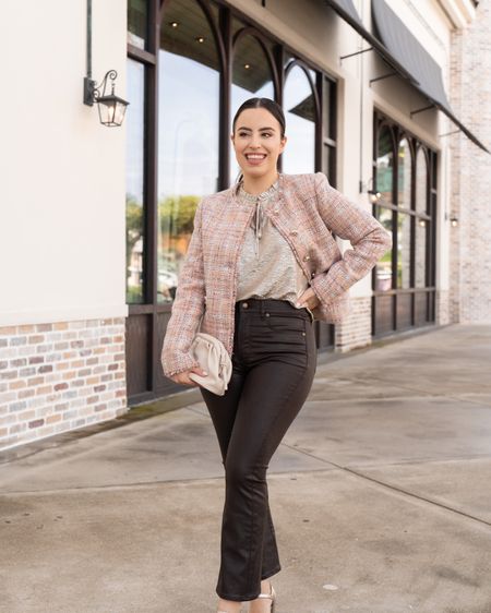 Loving this outfit for the Holidays! A beautiful pink tweed jacket, coated pants and a metallic blouse. Everything is 40% off



#LTKfindsunder100 #LTKstyletip #LTKHoliday